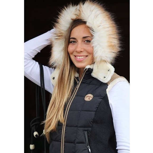 Penelope Leprevost Roger Black Glitter Quilted Puffer Vest w/ Fur trim Hood EUC - Picture 8 of 10